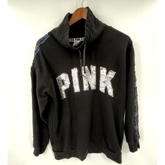 PINK Victoria Secret black sweatshirt with pockets flip sequins size small - Picture 1 of 5